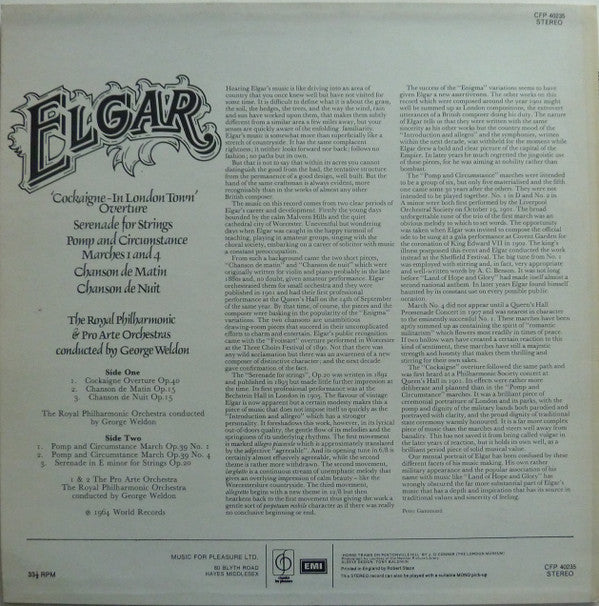 Sir Edward Elgar, Royal Philharmonic Orchestra & Pro Arte Orchestra Of London, George Weldon : Cockaigne - In London Town Overture / Serenade For Strings / Pomp And Circumstances Marches 1 And 4 / Chanson De Matin / Chanson De Nuit (LP, Album, RE)