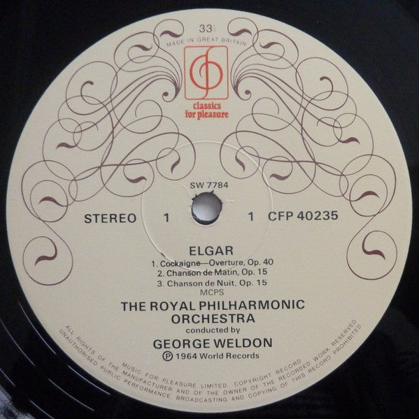 Sir Edward Elgar, Royal Philharmonic Orchestra & Pro Arte Orchestra Of London, George Weldon : Cockaigne - In London Town Overture / Serenade For Strings / Pomp And Circumstances Marches 1 And 4 / Chanson De Matin / Chanson De Nuit (LP, Album, RE)