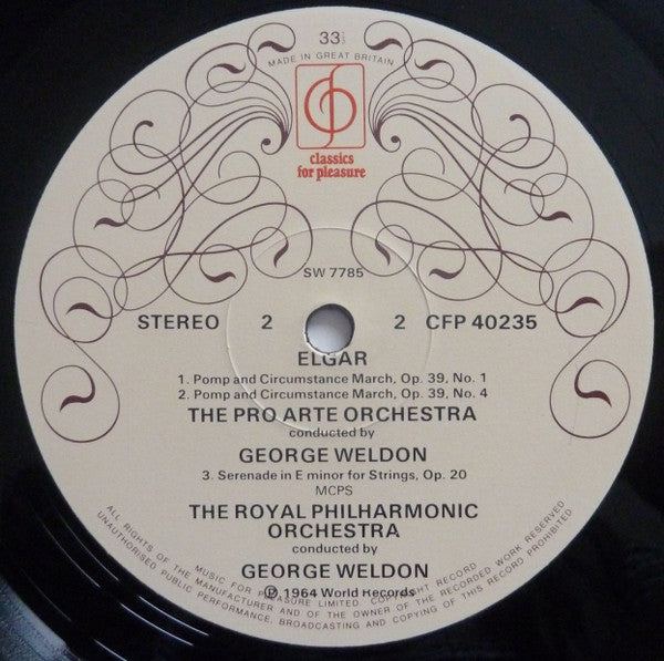 Sir Edward Elgar, Royal Philharmonic Orchestra & Pro Arte Orchestra Of London, George Weldon : Cockaigne - In London Town Overture / Serenade For Strings / Pomp And Circumstances Marches 1 And 4 / Chanson De Matin / Chanson De Nuit (LP, Album, RE)