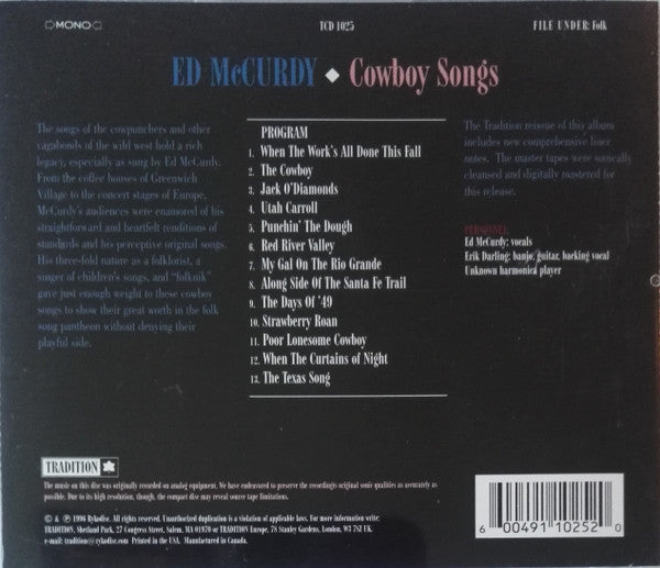 Ed McCurdy : Cowboy Songs (CD, Album, Mono, RM)