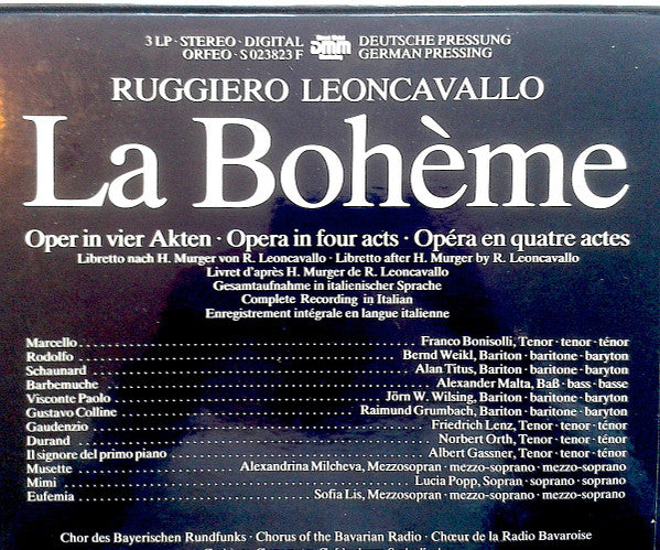 Ruggiero Leoncavallo - Lucia Popp, Franco Bonisolli, Alexandrina Milcheva, Bernd Weikl, Alan Titus, Heinz Wallberg : La Bohème (3xLP, Album, DMM + Box)