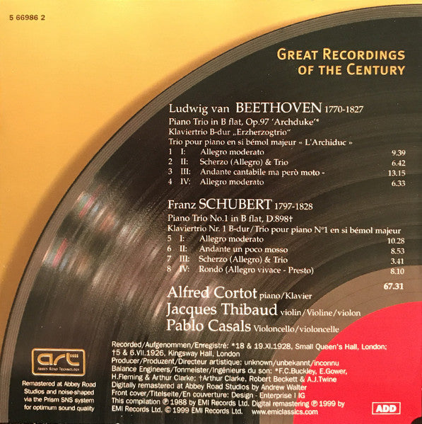 Ludwig van Beethoven / Franz Schubert - Alfred Cortot, Jacques Thibaud, Pablo Casals : 'Archduke' Piano Trio / Piano Trio No.1 (CD, Comp, RM)