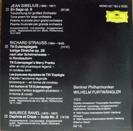 Sibelius* / Strauss* / Ravel* – Wilhelm Furtwängler, Berliner Philharmoniker : En Saga / Till Eulenspiegel / Daphnis Et Chloé – Suite No. 2 (CD, Comp, Mono, RM)