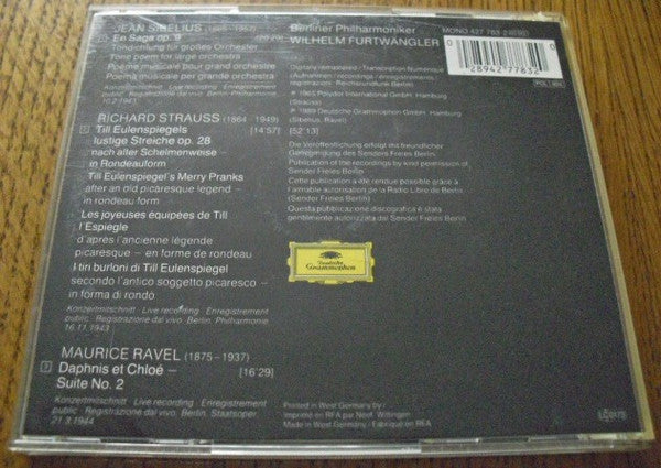 Sibelius* / Strauss* / Ravel* – Wilhelm Furtwängler, Berliner Philharmoniker : En Saga / Till Eulenspiegel / Daphnis Et Chloé – Suite No. 2 (CD, Comp, Mono, RM)