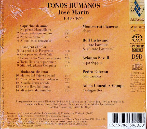 José Marín - Montserrat Figueras, Rolf Lislevand, Arianna Savall, Pedro Estevan, Adela González-Campa : Tonos Humanos (SACD, Hybrid, RE, RM)