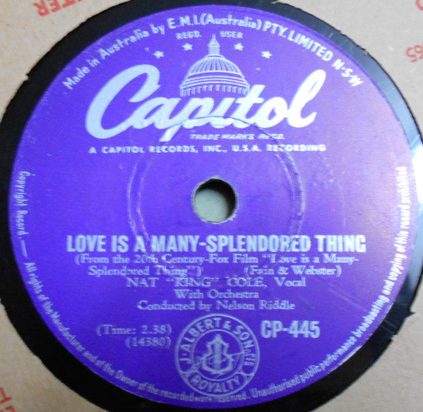 Nat King Cole : Love Is A Many Splendored Thing / Autumn Leaves (Shellac, 10")