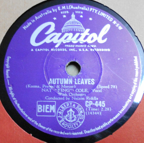 Nat King Cole : Love Is A Many Splendored Thing / Autumn Leaves (Shellac, 10")