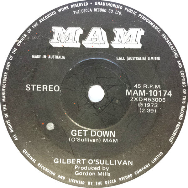 Gilbert O'Sullivan : Get Down / A Very Extraordinary Sort Of Girl (7", Single)