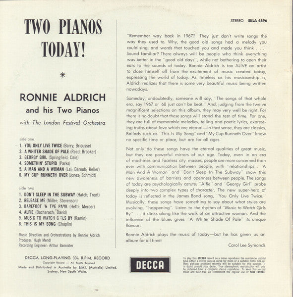 Ronnie Aldrich And His Two Pianos With The London Festival Orchestra : Two Pianos Today! (LP, Album)
