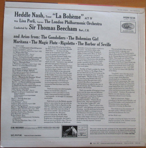Heddle Nash With Lisa Perli And The London Philharmonic Orchestra* Conducted By Sir Thomas Beecham, Bart., C.H.* : La Boheme Act IV / Arias From The Gondoliers · The Bohemian Girl · Maritana · The Magic Flute · Rigoletto · The Barber Of Seville (LP, Comp, Mono)