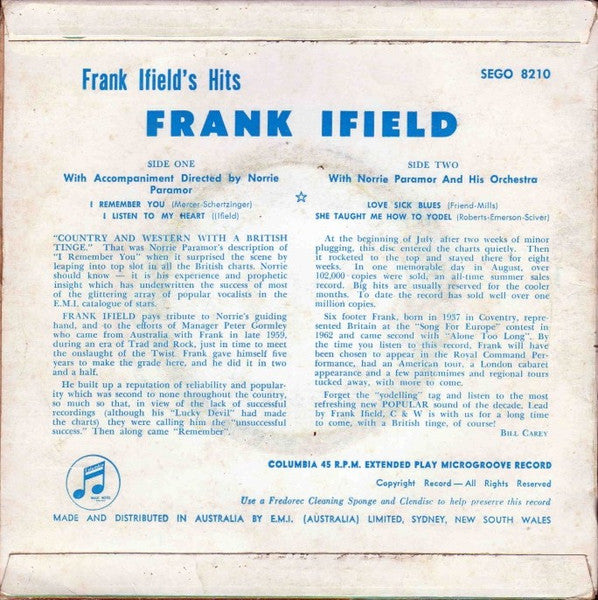 Frank Ifield : Frank Ifield's Hits (7", EP, Mono)