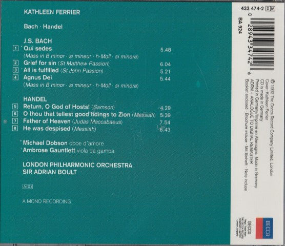 Kathleen Ferrier, Bach*, Handel*, London Philharmonic Orchestra, Sir Adrian Boult : Bach-Handel (CD, Album, Mono, RE, RM, ADR)