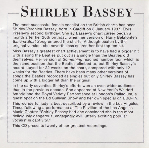Shirley Bassey : The Shirley Bassey Singles Album (CD, Comp, RE, RM)