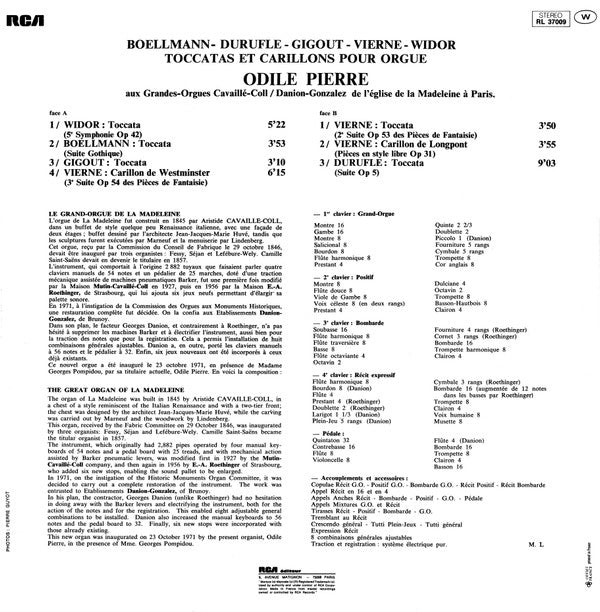 Odile Pierre / Widor*, Boellmann*, Gigout*, Vierne*, Duruflé* : Toccatas Et Carillons (LP, Album, RE)