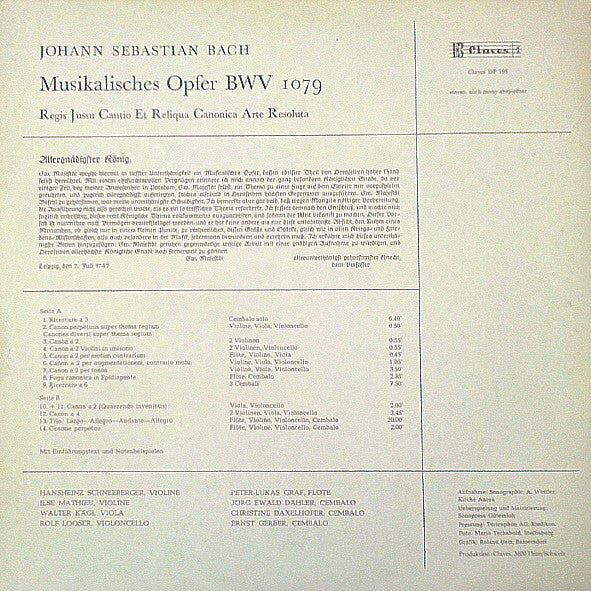 Johann Sebastian Bach - Peter-Lukas Graf, Hansheinz Schneeberger, Ilse Mathieu, Walter Kägi, Rolf Looser, Jörg Ewald Dähler, Christine Daxelhofer, Ernst Gerber : Musikalisches Opfer (LP, Album)