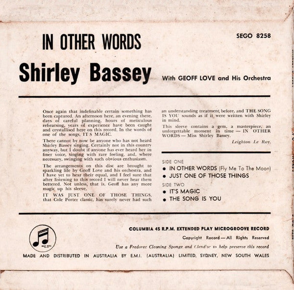 Shirley Bassey With Geoff Love & His Orchestra : In Other Words (7", EP, Mono)