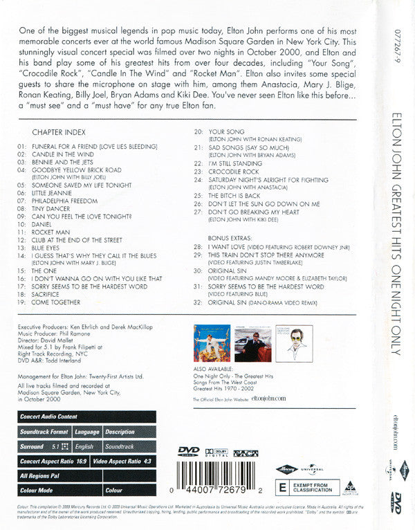 Elton John : Greatest Hits - One Night Only (DVD-V, Multichannel, PAL)