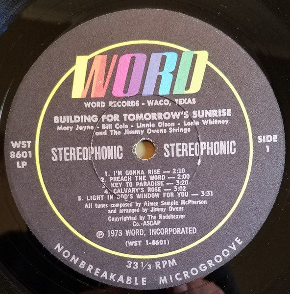 Mary Jayne*, Bill Cole (2), Linnie Olson, Lorin Whitney And The Jimmy Owens Strings : Building For Tomorrow's Sunrise - The Music Of Aimee Semple McPherson (LP)