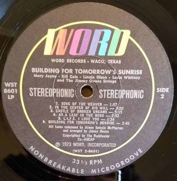 Mary Jayne*, Bill Cole (2), Linnie Olson, Lorin Whitney And The Jimmy Owens Strings : Building For Tomorrow's Sunrise - The Music Of Aimee Semple McPherson (LP)