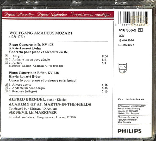 Mozart*, Alfred Brendel, Academy Of St. Martin-in-the-Fields*, Sir Neville Marriner : Piano Concertos = Klavierkonzerte No. 5 KV 175 & No. 6 KV 238 (CD)