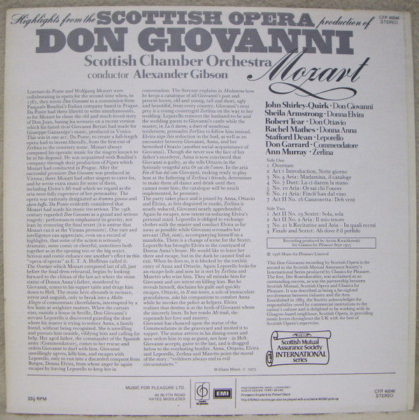 Wolfgang Amadeus Mozart, John Shirley-Quirk, Sheila Armstrong, Robert Tear, Rachel Mathes, Stafford Dean, Alexander Gibson, Scottish Chamber Orchestra : Highlights From The Scottish Opera Production Of Don Giovanni (LP)