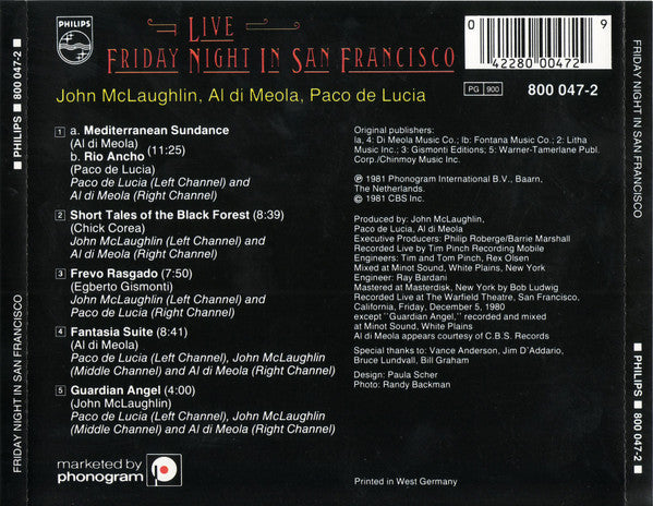 Al Di Meola, John McLaughlin, Paco De Lucía : Friday Night In San Francisco (CD, Album, RE)