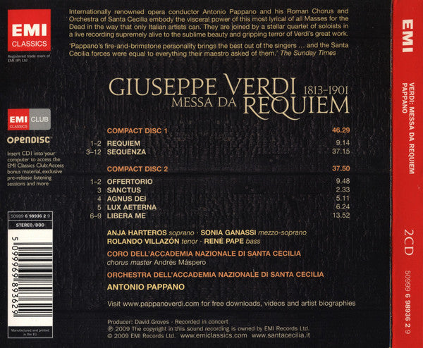 Giuseppe Verdi - Anja Harteros, Sonia Ganassi, Rolando Villazón, René Pape, Orchestra dell'Accademia Nazionale di Santa Cecilia, Antonio Pappano : Messa Da Requiem (2xCD, Album)