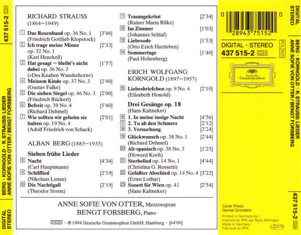 Alban Berg / Erich Wolfgang Korngold / Richard Strauss - Anne Sofie Von Otter, Bengt Forsberg : Lieder (CD, Album)