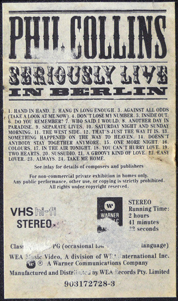 Phil Collins : Seriously Live In Berlin (VHS, PAL)