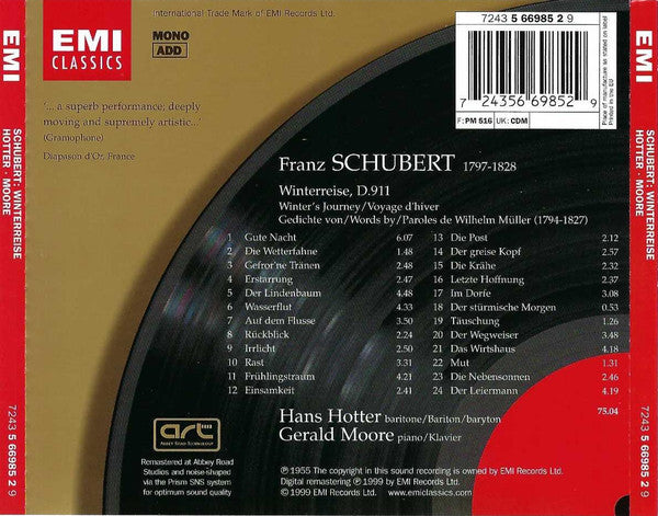 Schubert* – Hans Hotter, Gerald Moore : Winterreise (CD, Album, Mono, RM)