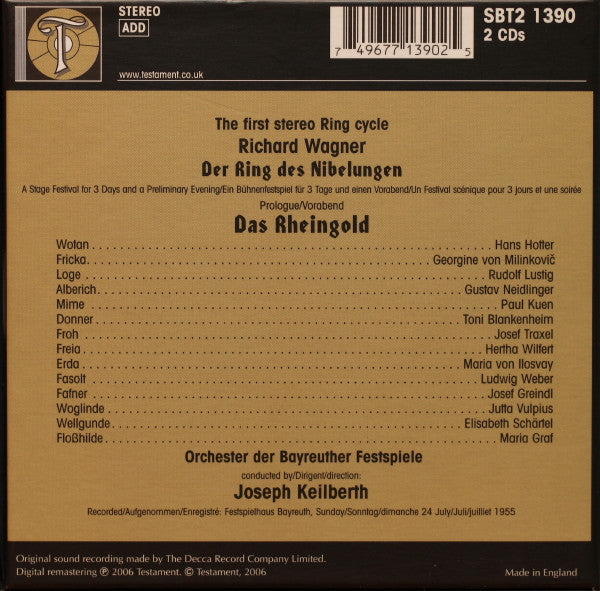 Richard Wagner / Joseph Keilberth, Hans Hotter, Gustav Neidlinger, Rudolf Lustig, Ludwig Weber : Das Rheingold . Recorded Live At The 1955 Bayreuth Festival - First Ever Release (2xCD, RM)