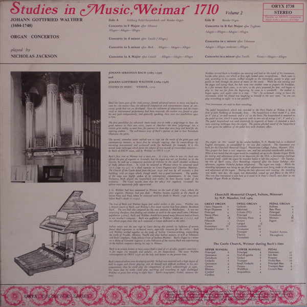 Johann Gottfried Walther - Nicholas Jackson : Studies In Music, Weimar 1710 (LP)