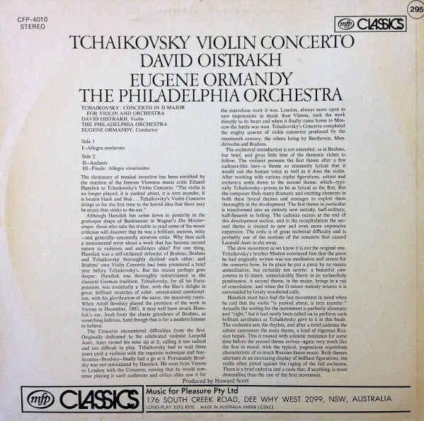 David Oistrach / Eugene Ormandy, The Philadelphia Orchestra, Pyotr Ilyich Tchaikovsky : Violin Concerto In D Major For Violin And Orchestra, Op. 35 (LP)