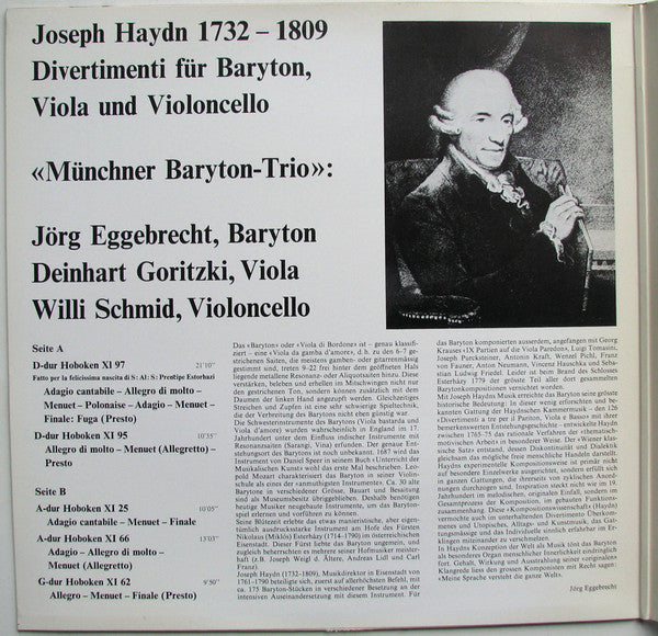 Joseph Haydn - Münchner Baryton-Trio : Divertimenti Für Baryton, Viola Und Violoncello (LP)