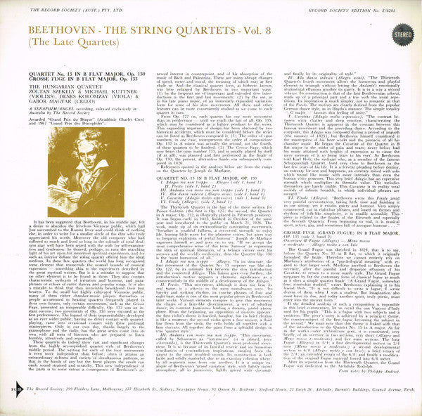 Ludwig van Beethoven, The Hungarian Quartet : The String Quartets, Vol. 8 (The Late Quartets): Quartet No. 13 In B Flat Major, Op. 130; Grosse Fuge In B Flat Major, Op.133 (LP, Album, Club, RE)