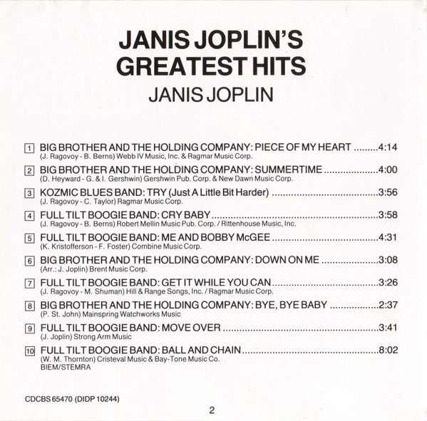 Janis Joplin : Janis Joplin's Greatest Hits (CD, Comp, RE)