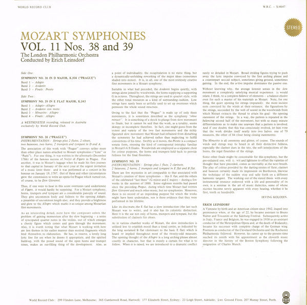 Mozart*, The London Philharmonic Orchestra* Conducted By Erich Leinsdorf : Symphonies Vol. 11 Nos. 38 & 39 (LP, Album, Club, RE)
