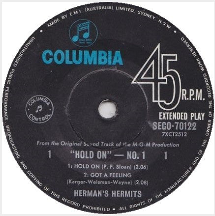 Herman's Hermits : Hold On! (Music From The Original Sound Track) No. 1 (7", EP)