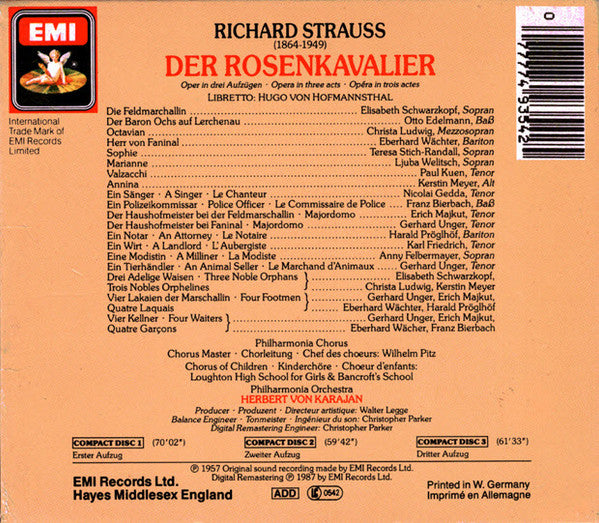 Richard Strauss / Elisabeth Schwarzkopf, Christa Ludwig, Teresa Stich-Randall, Otto Edelmann, Eberhard Wächter / Philharmonia Orchestra & Philharmonia Chorus / Herbert von Karajan : Der Rosenkavalier (3xCD, Album, RE, RM + Box, Sli)
