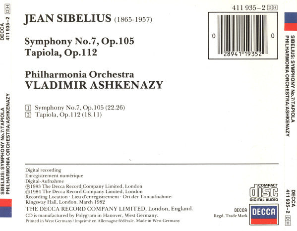 Sibelius* - Philharmonia Orchestra, Vladimir Ashkenazy : Symphony No.7 / Tapiola (CD, Album)