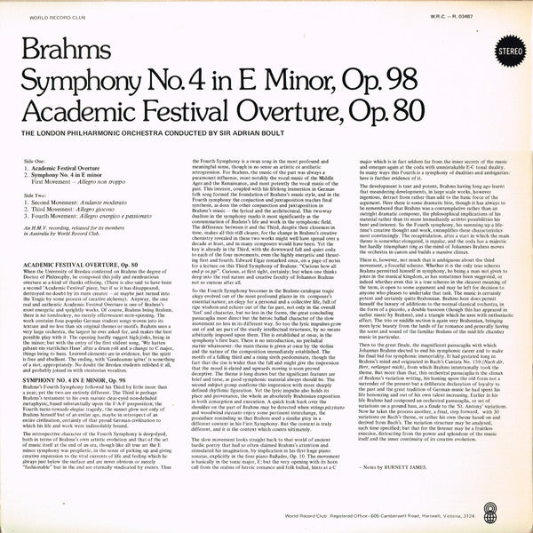 Brahms* : Symphony No. 4 in E Minor, Op. 98 / Academic Festival Overture, Op. 80 (LP, Album, Club, RE)
