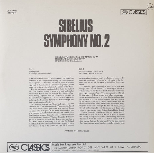 Eugene Ormandy, The Philadelphia Orchestra, Jean Sibelius : Symphony No. 2 (LP, Album, RE)