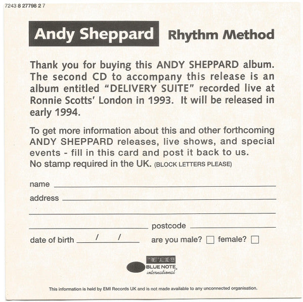 Andy Sheppard : Rhythm Method (CD, Album)
