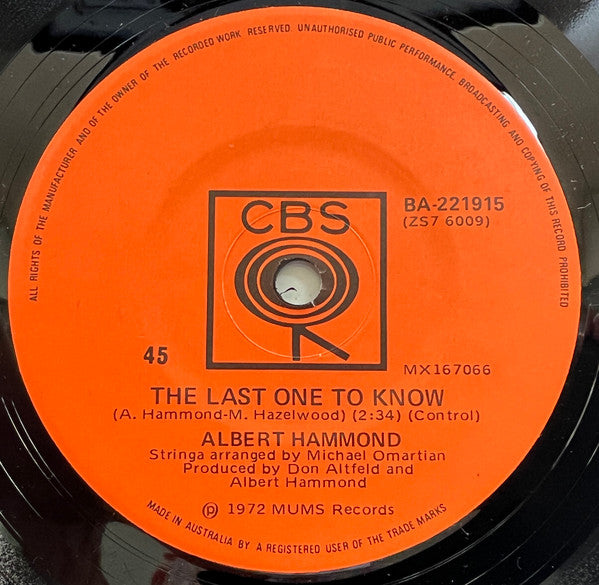 Albert Hammond : Down By The River (7", Single)
