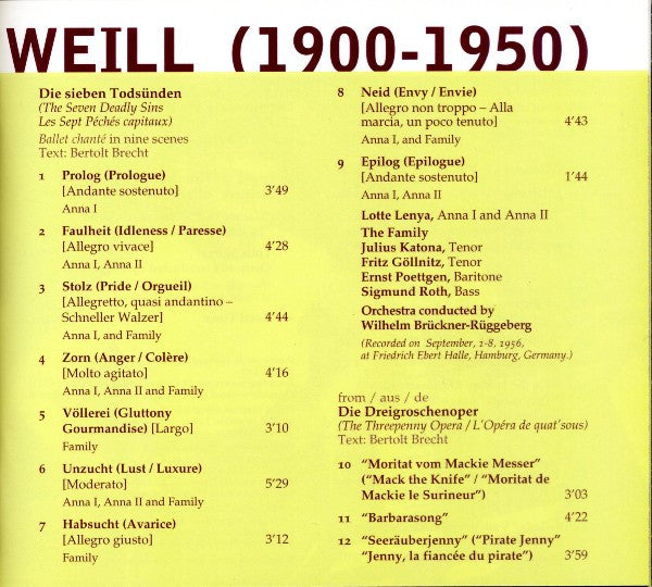 Lotte Lenya Sings Kurt Weill : The Seven Deadly Sins (Die Sieben Todsünden) And Berlin Theatre Songs (CD, Comp, Mono, RM, Dig)
