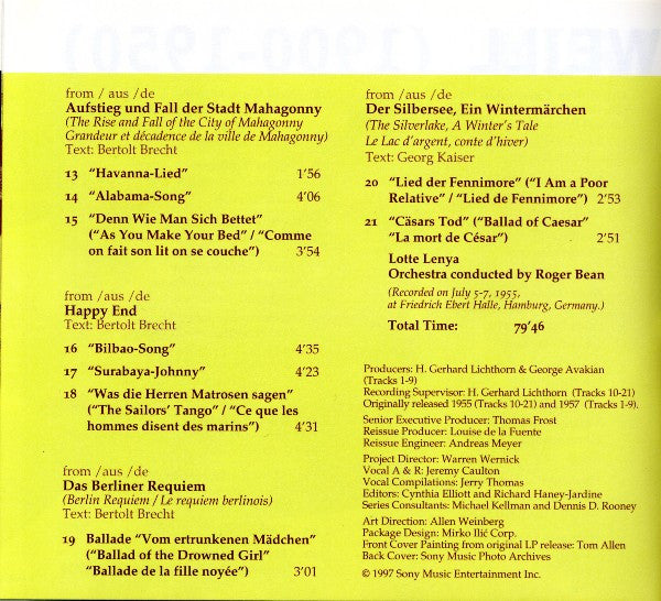 Lotte Lenya Sings Kurt Weill : The Seven Deadly Sins (Die Sieben Todsünden) And Berlin Theatre Songs (CD, Comp, Mono, RM, Dig)