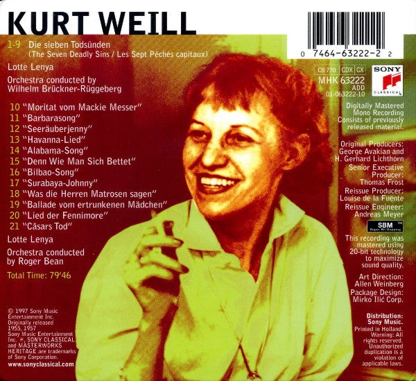 Lotte Lenya Sings Kurt Weill : The Seven Deadly Sins (Die Sieben Todsünden) And Berlin Theatre Songs (CD, Comp, Mono, RM, Dig)