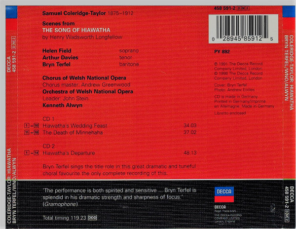 Samuel Coleridge-Taylor - Bryn Terfel, Helen Field (2), Arthur Davies, Kenneth Alwyn, The Welsh National Opera Orchestra, Welsh National Opera Chorus : Hiawatha (2xCD, Album)