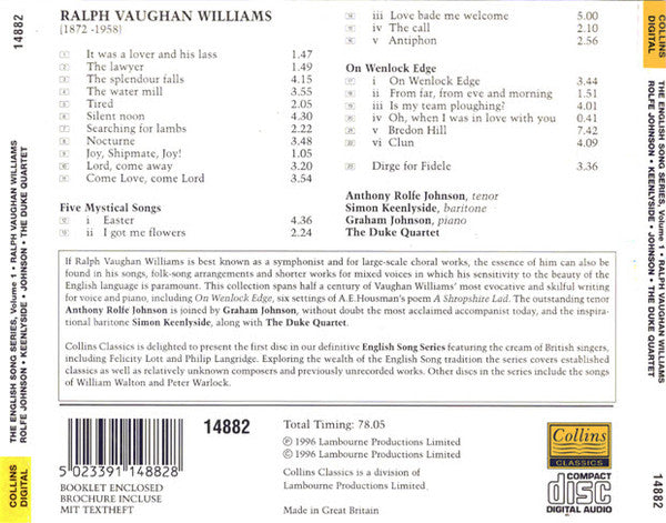 Anthony Rolfe Johnson, Simon Keenlyside, Graham Johnson (2), The Duke Quartet, Ralph Vaughan Williams : The English Song Series Volume 1 (CD, Album)