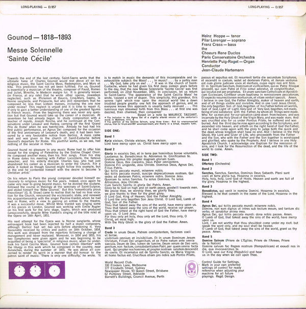 Charles Gounod : Sainte Cecile Messe Solennelle  (LP, Album, Mono, Club)